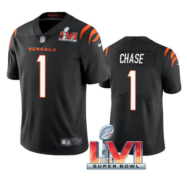 Men's Cincinnati Bengals #1 Ja'Marr Chase 2022 Black Super Bowl LVI Vapor Limited Stitched Jersey Men's Cincinnati Bengals #1 Ja'Marr Chase 2022 Black Super Bowl LVI Vapor Limited Stitched Jersey